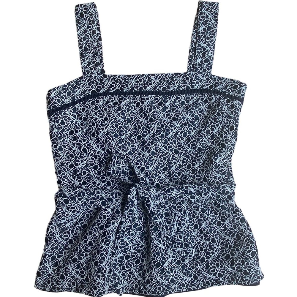 Banana Republic Lace Overlay Peplum Tank Top Babydoll Blue Tie Waist Coastal-S